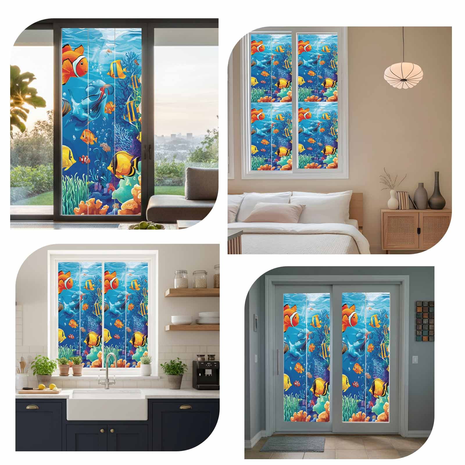 Ocean Marine Window Privacy Film Life Fish Coral Seagrass Underwater Coastal Decorative Glass Window Film UV Blocking Static Cling Non-Adhesive Sticker Covering for Home Door 35.4x78.7 inches
