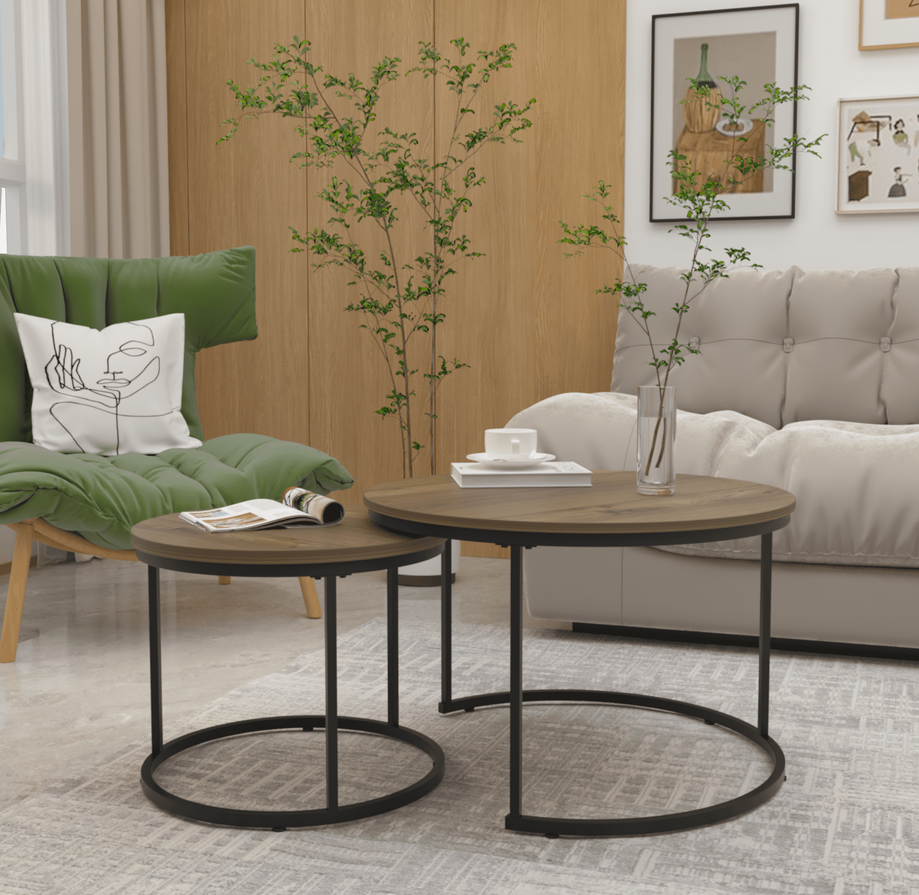 Yoneston 27.6" Round Coffee Table Set of 2, Wood Marble Pattern Top with Sturdy Metal Frame for Living Room Bedroom Balcony Yard, Brown
