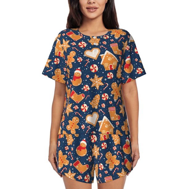 Fotbe Gingerbread Delights Conjunto de Pijama Estampado para Mujer, 2 Piezas, Ropa de Dormir con Camiseta de Manga Corta y Shorts Suaves-X-Large