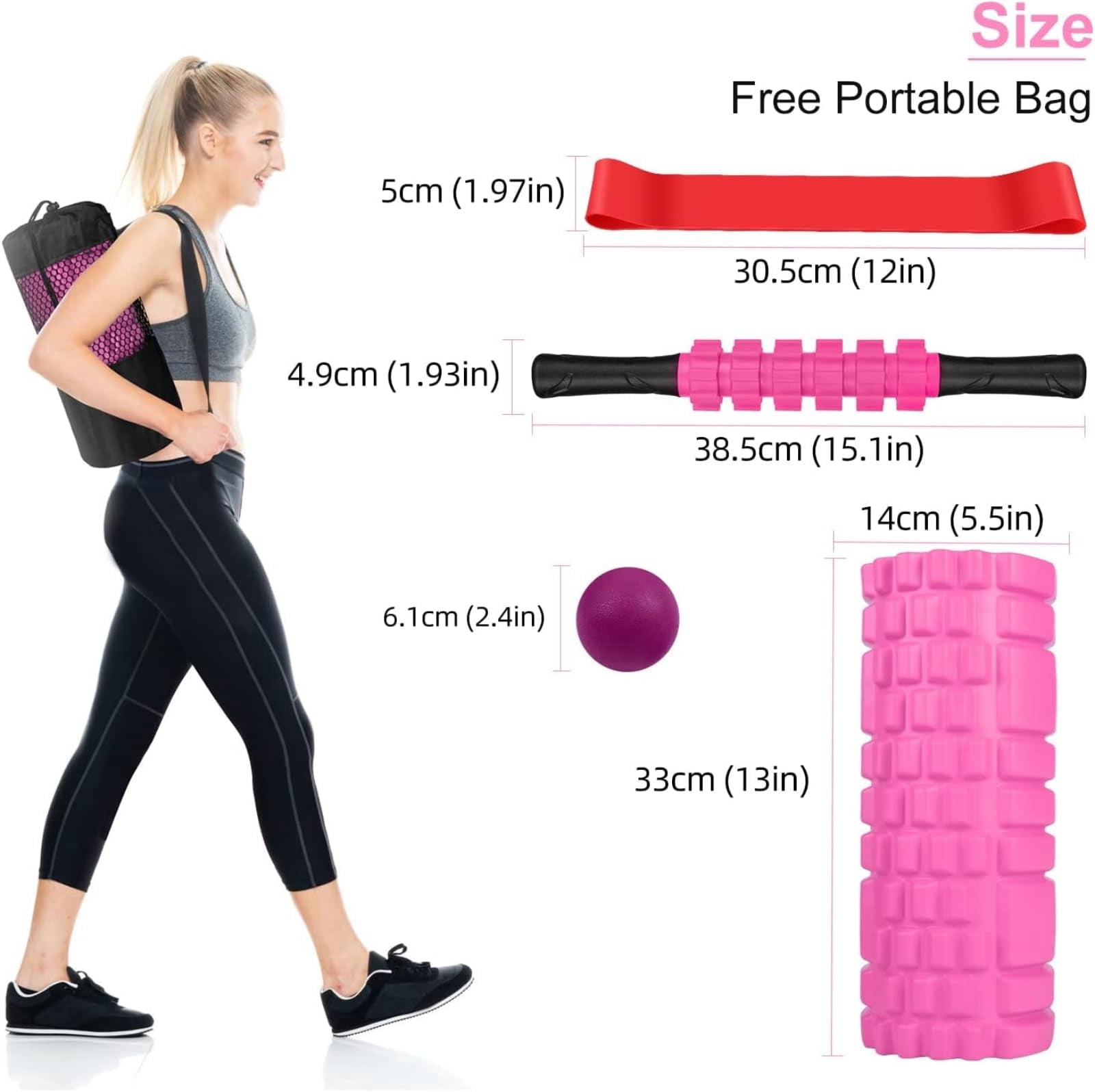 5 In 1 Foam Roller Set Includes Hollow Core Massage  Yoga Stick Ball Fitness Stretching Strap Carrying Bag Towel (pink)