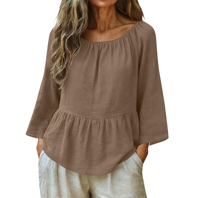 TaTaai Women's Casual Solid Color Cotton Linen Tops 2-in-1 Round Neck 3/4 Sleeve & Short Sleeve Lightweight Soft Comfortable Summer Shirts Gift