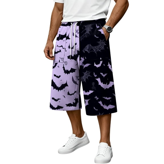 JoveMarine Men's Bermuda Cargo Shorts Halloween - Loose Work Shorts with Print & Pockets, Knee-Length Casual for Summer Fun,Black L