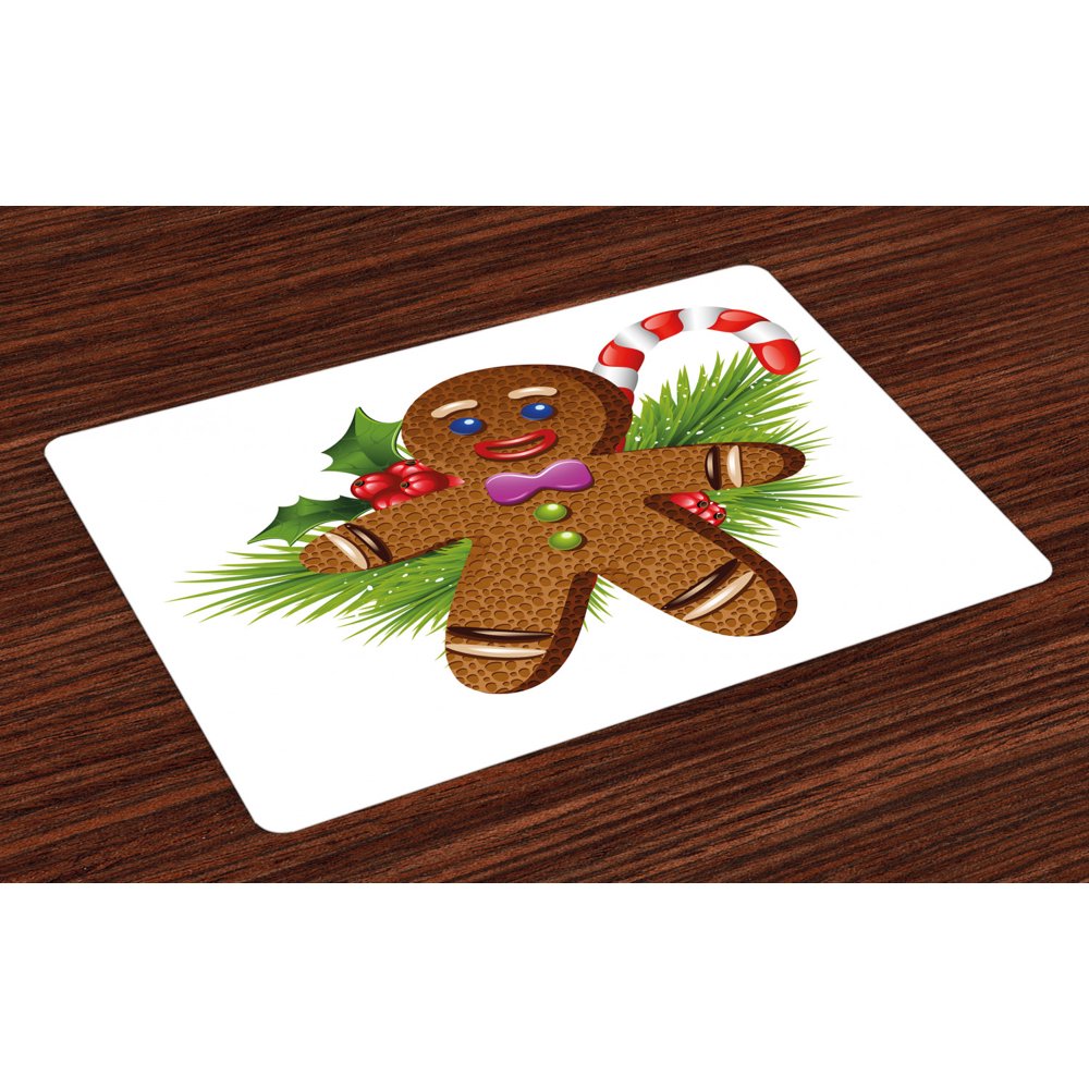 Gingerbread Man Placemats Set of 4 Cute Tasty Pastry on Coniferous