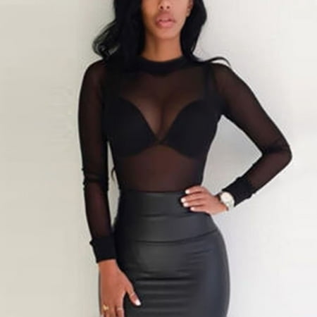 - Newest Sexy women´s blouse perspective mesh fish net sexy long-sleeved turtle collar see crop top T-shirt shirt HOT