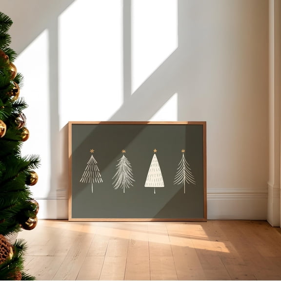 Christmas Tree Print Art Modern Minimalist Christmas Wall Art, Aesthetic Holiday Decor Green & White Line Art Illustration for Christmas, 24x36 UNFRAMED