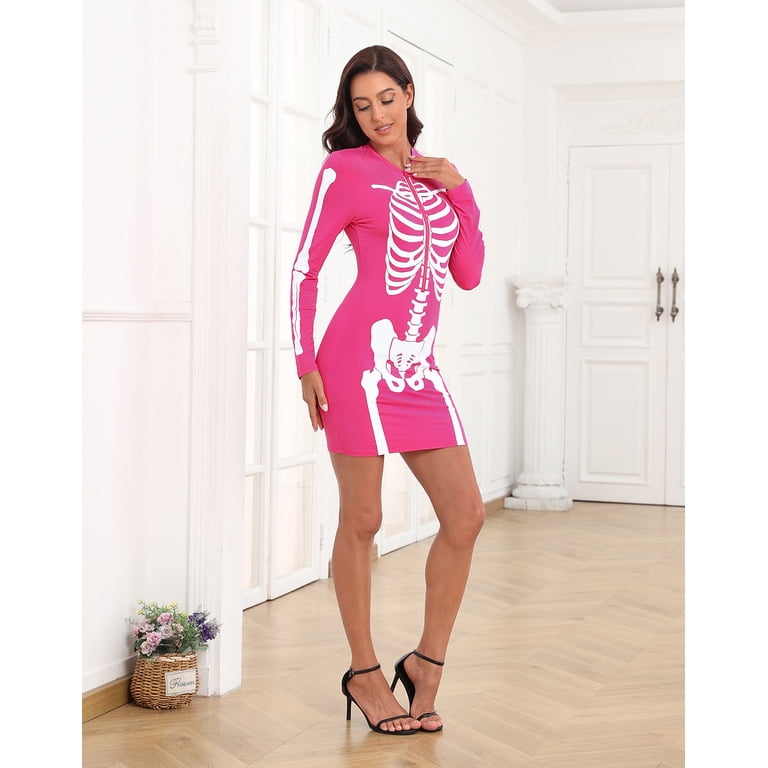 HDE Women's Skeleton Dress Halloween Costume Long Sleeve Mini Dress Hot Pink M