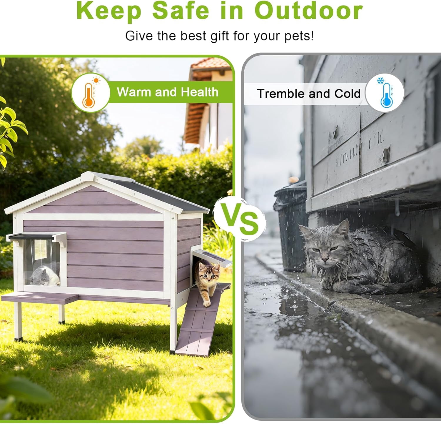 HomeSheek 32.6" Large Outdoor Cat House with Ramp, Weatherproof Shelter, Easy Assembly & Cleaning, Spacious Indoor/Outdoor Home with Side Door