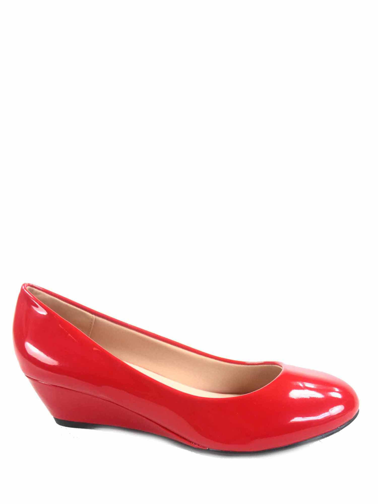 Fisher-8 Women's Slip On Patent Round Toe Low Wedge Heel Pump Shoes ( Red, 7 )