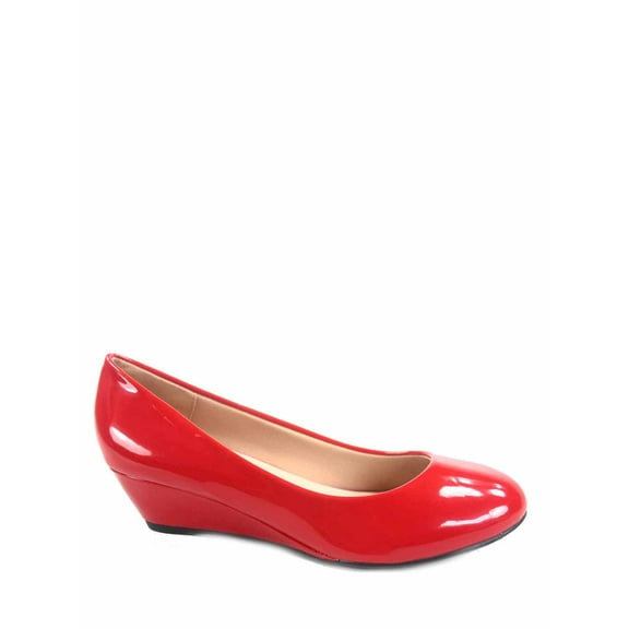 Fisher-8 Women's Slip On Patent Round Toe Low Wedge Heel Pump Shoes ( Red, 7 )