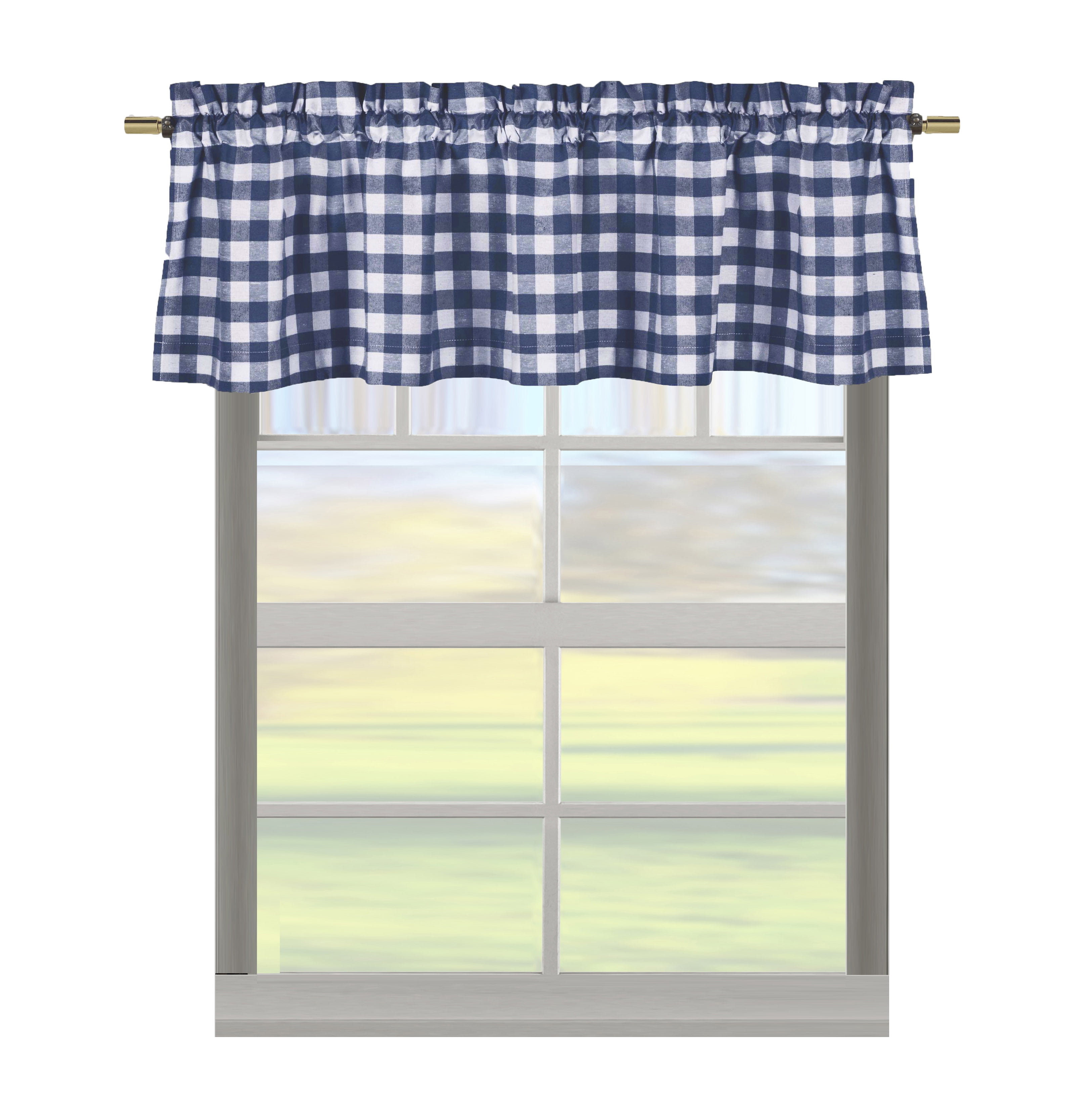 Navy Blue Gingham Check Kitchen Window Curtain Valance Plaid, 58"W x