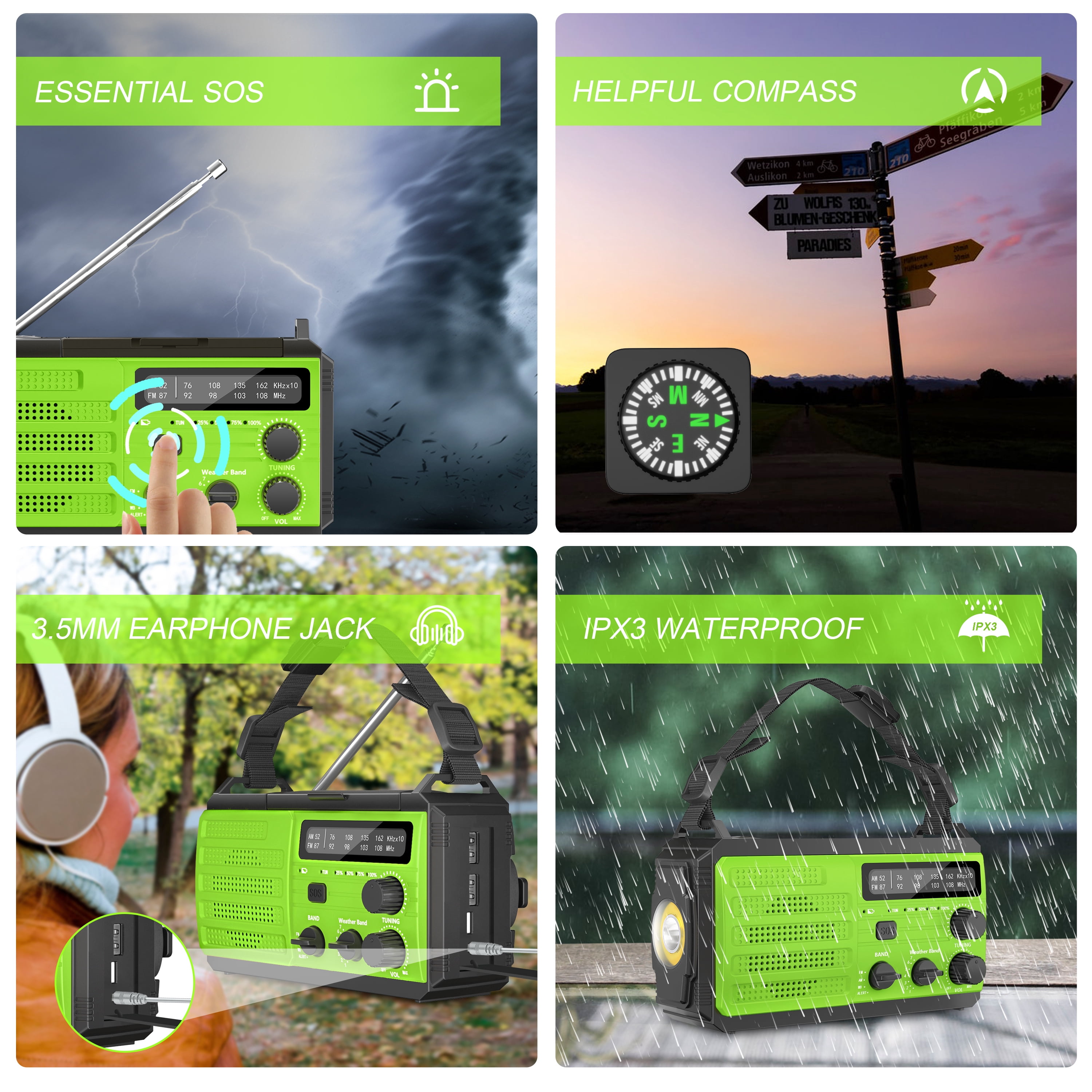 Jazmm  22200mWh Emergency Crank Radio, Emergency Solar Radio, NOAA/AM/FM Weather Radio, SOS Alarm, 6000wAh Battery Hand Crank Flashlight, Compass for Tornado, Winter Storm, and Survival Kits(Green)