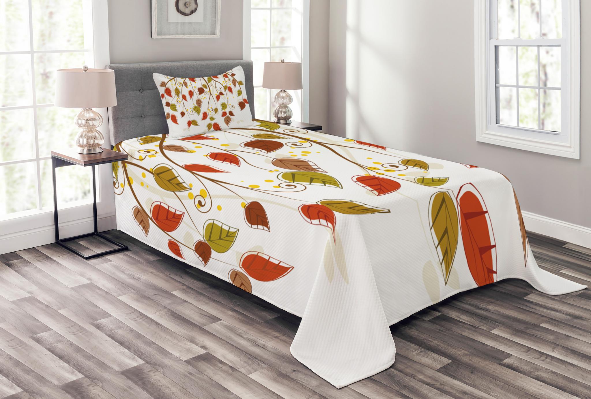 Autumn Bedspread Set, Branches with Fall Leaves Seasonal Colors Nature