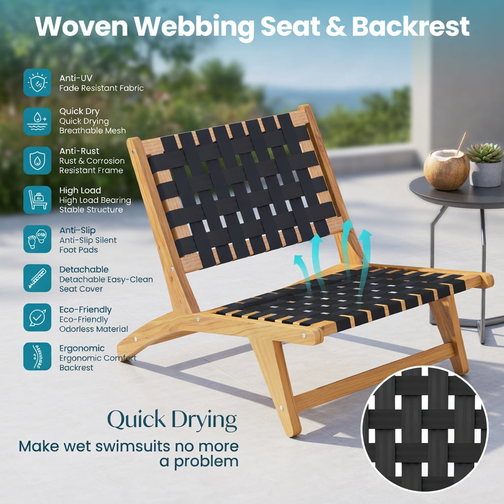 Hommoo Indoor & Outdoor Teak Wooden Chair with Woven Webbing Seat and Ergonomic Backrest, Lightweight & Weather-Resistant Patio Seating, Natural + Black