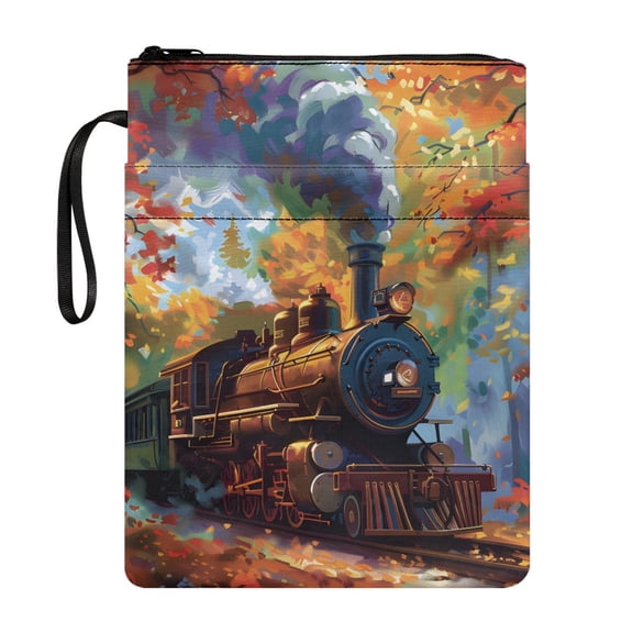 HELLHERO Maple Leaf Train Pattern Design Books Sleeve Zipper Pouch for Pocket Bible Book Carrying Bag Polyester Fabric with Handle and Washable