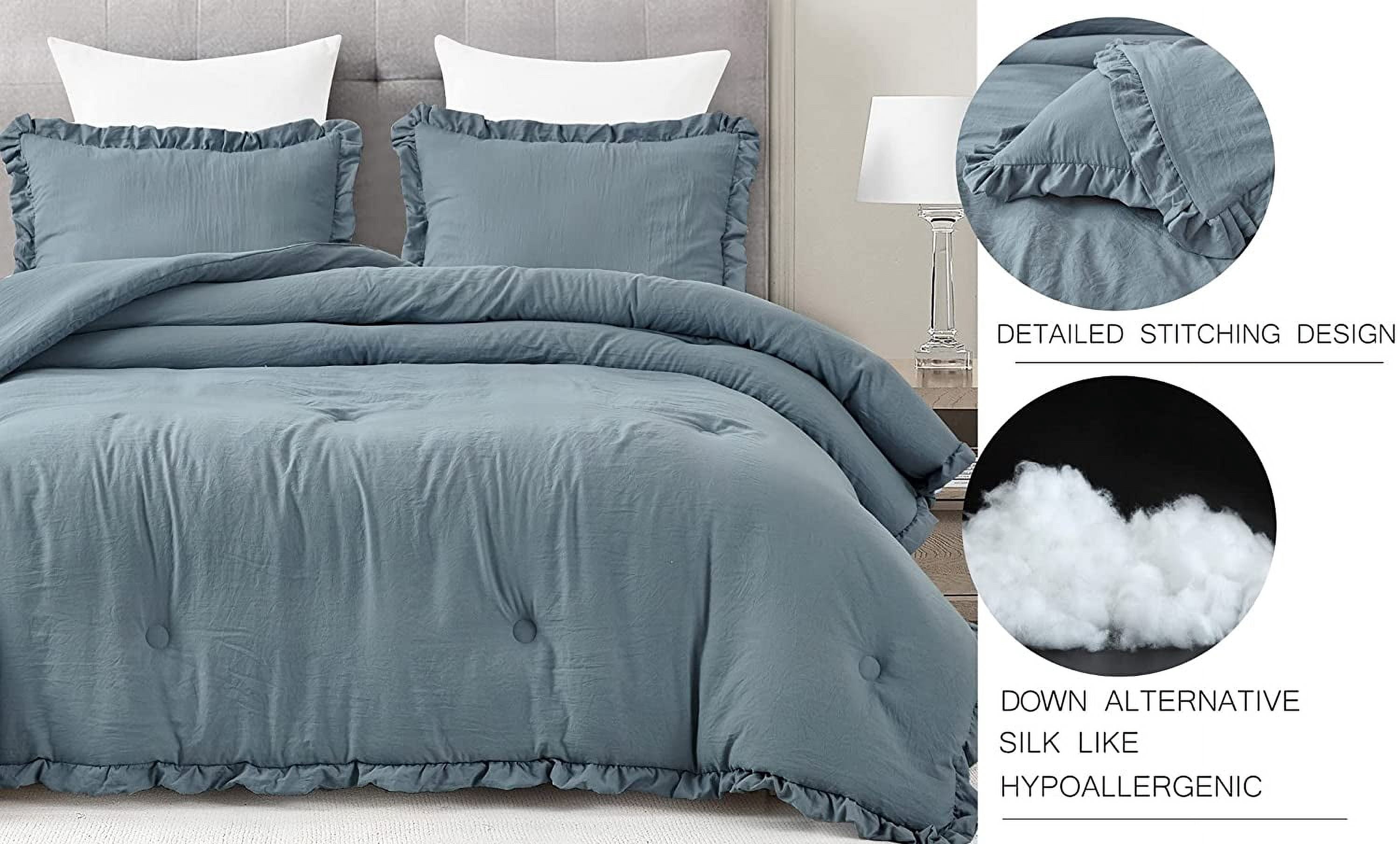 Chezmoi Collection Nora 3-Piece Dusty Blue Ruffled Edge Trim Microfiber Comforter Set, King Size