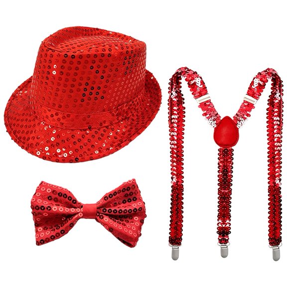 Slccxzc Sequin Fedora Hat Set with Suspenders & Bow Tie, Sparkly Party Costume Accessories for Men Women