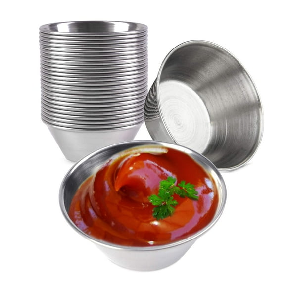 [120 Pack] 1.5 oz Stainless Steel Sauce Cups - Individual Round Condiments Ramekins, Commercial Grade Safe/Portion Dipping Sauce Kitchen Set