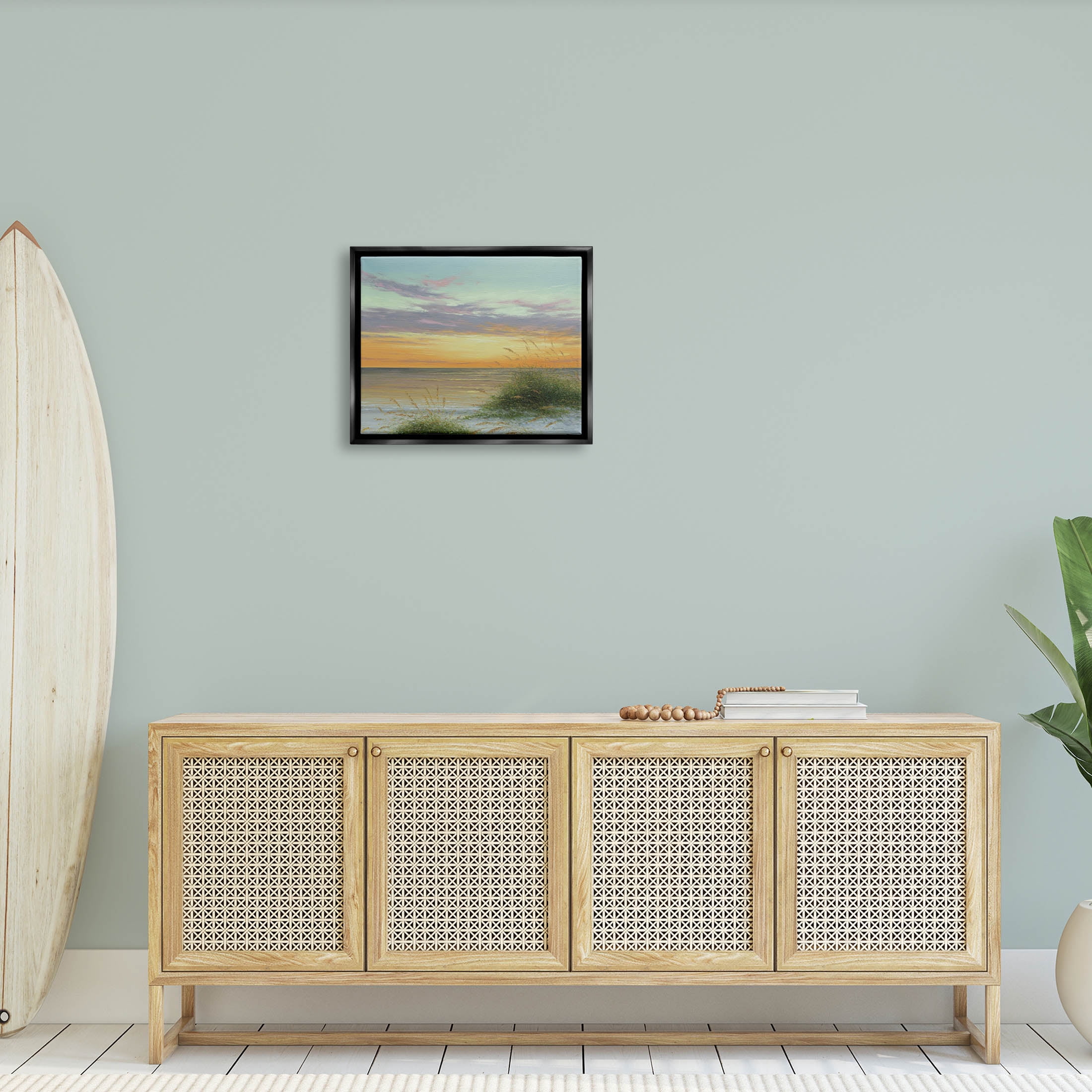 Coastal Reeds Sunset Beach Shore Coastal Painting Jet Black Framed Art Print Wall Art