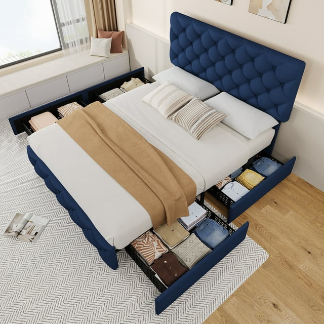 Modern Storage Solution Bed Frame - Upholstered Platform with 4 Drawers, Adjustable Diamond Tufted Headboard, No Box Spring Needed - Queen, Blue (YS188-38)