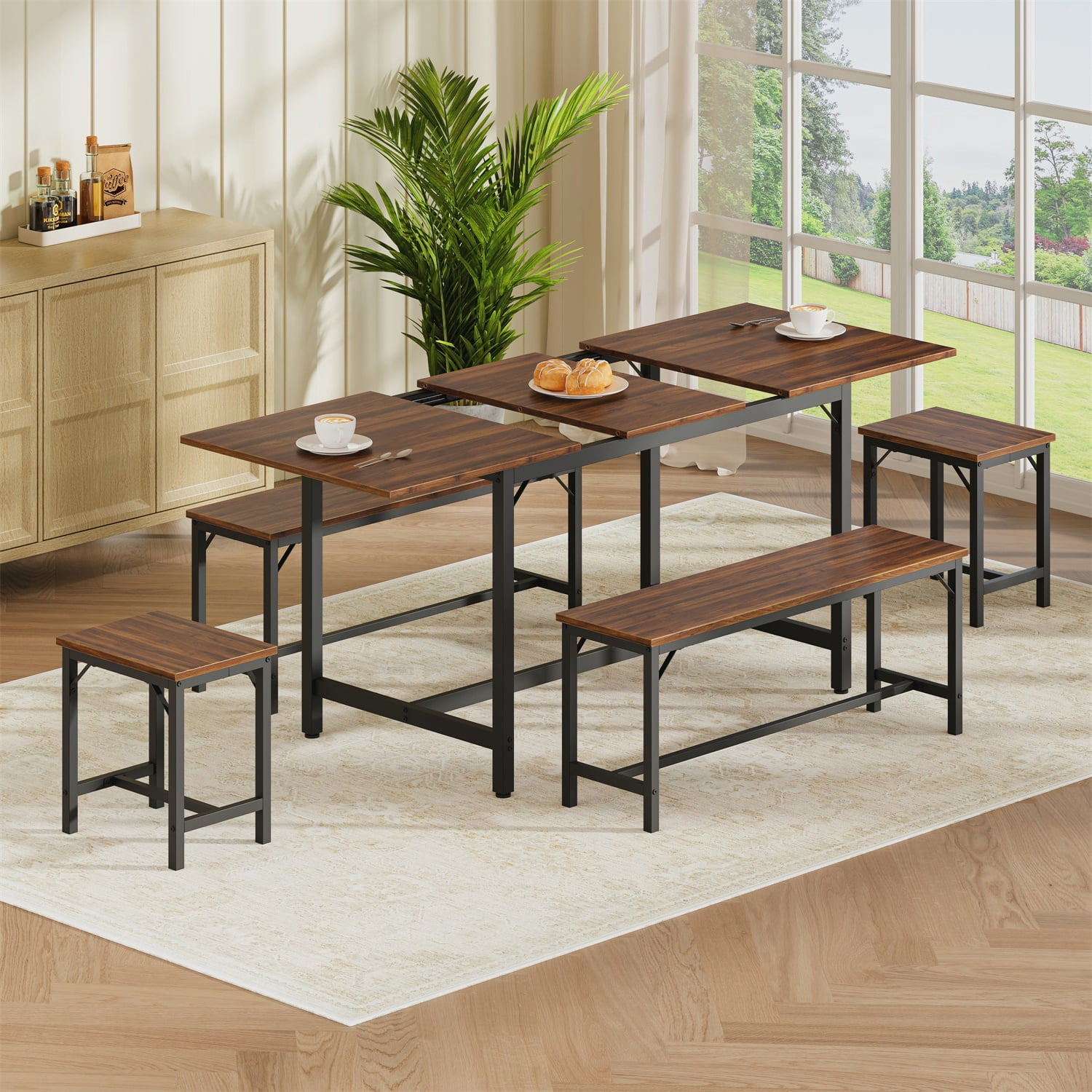 Hommoo 63" Expandable Dining Table Set for 4-8 People, Modern Extendable Kitchen Table with 2 Benches & 2 Stools, Wood Top & Metal Frame, Easy Assembly, Walnut