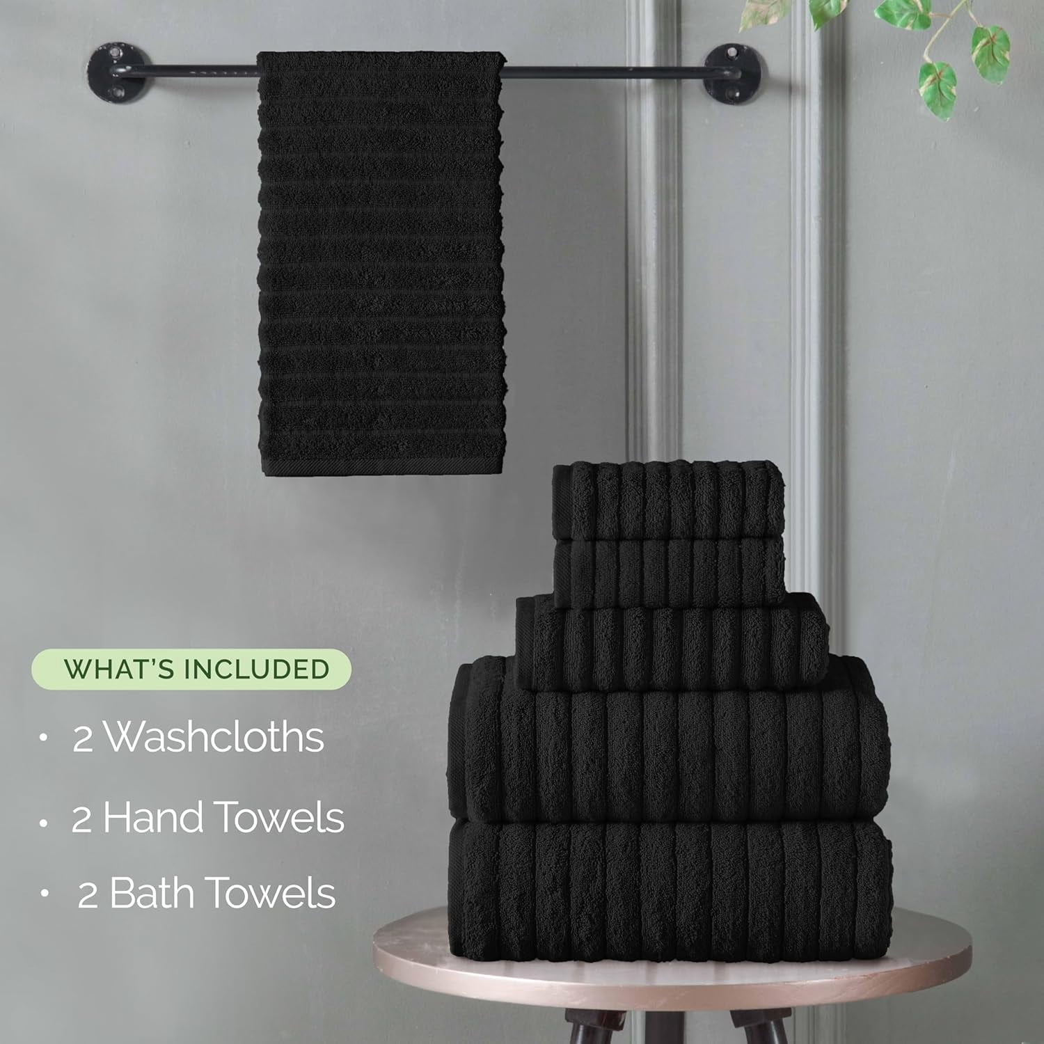 Elegant Comfort 100% Turkish Cotton Corduroy Ribbed Luxury Bath Towels 6-Piece Set, Premium Feel - Quick Dry, Highly Absorbent, Contains 2 Bath Towels, 2 Hand Towels, and 2 Washcloths, Black
