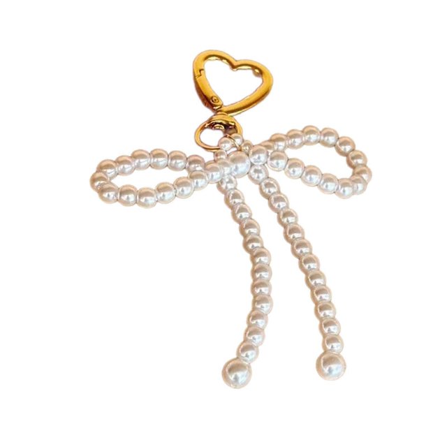Pearl Bowknot Charm Heart Keychains Sweet Cute Pendant Ornament Keyring Backpack Decoration Jewelry for Women Girls Silver