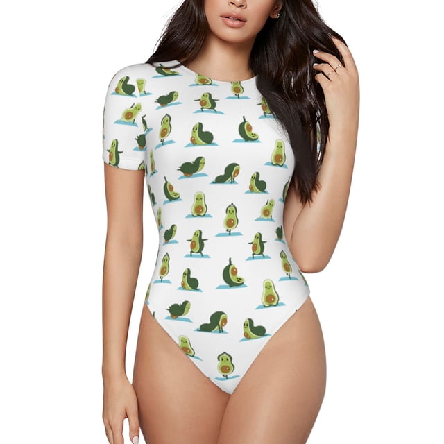 Saiise Mignon Motif Avocat Yoga Combinaison à Manches Courtes pour Femmes Col Rond Pyjama Justaucorps Extensible avec Fermeture à Pression-TG