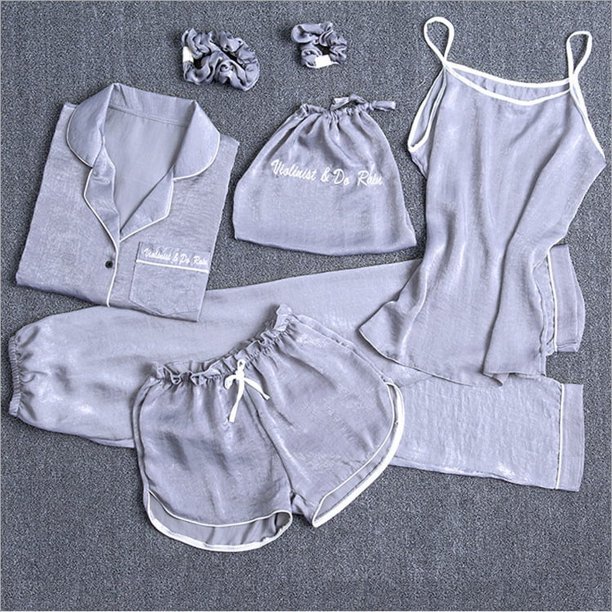 Pijama de siete piezas de color sólido para mujer, cárdigan de seda para primavera/otoño/verano, ropa de hogar, traje de pijama de seda artificial de 7 piezas