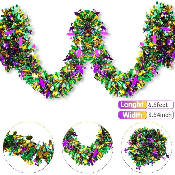 6.5 Feet Mardi Gras Tinsel Garland, Glitter Tinsel Garland for Mardi Gras Tree Decorations, Purple Green Gold Metallic Fluffy Hanging Party Ornaments for Mantle/Ceiling/Stairs/Porch Outdoor Decor