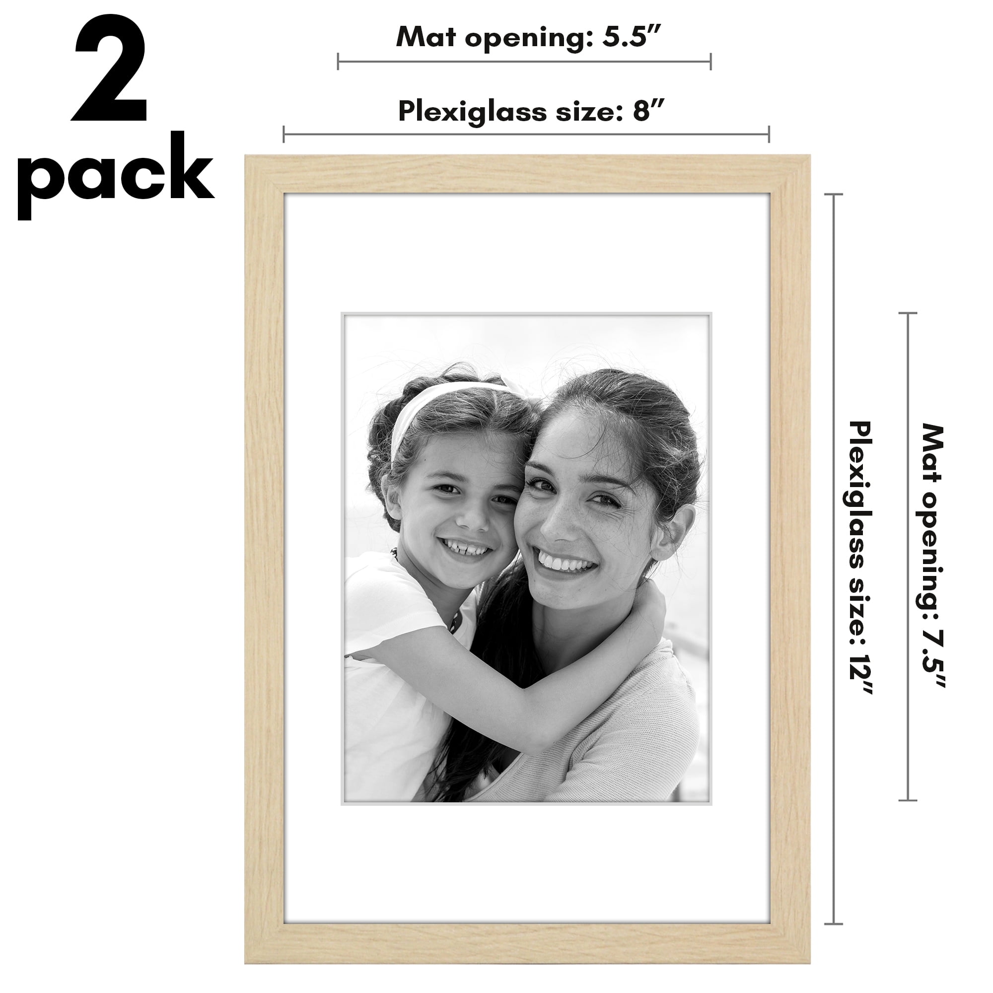 Americanflat 8x12 Picture Frame with Polished Plexiglass with 6x8 Mat 2 Pack Display Photo Wall - Natural Oak