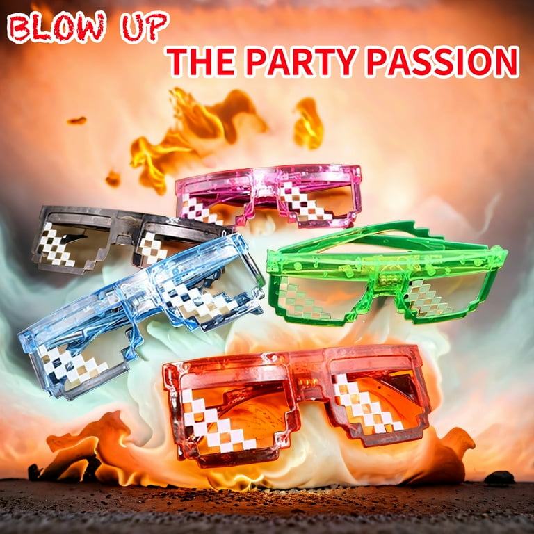 12 Light Up Coolest Party Pixel Glasses, Glow in the Dark Party