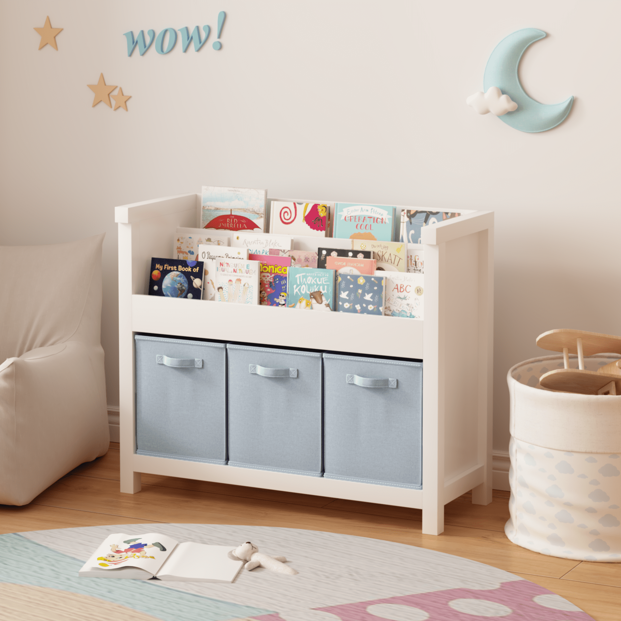 Wooden Kids Bookshelf with 3 Front-Facing Tiers and 3 Fabric Bins, MDF Book Organizer for Books Toys, Storage Bookcase for Playroom Nursery Bedroom