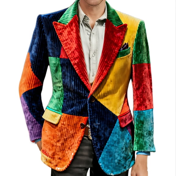 IWRICH Carnival Corduroy Suit for Men Rave Lightweight Mardi Gras Printed Blazer Casual Button Holiday Party Fit Jacket with Pockets 02-Multicolour XL
