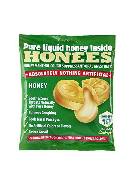 Honees Honey Menthol Cough Drops - 20-Piece, Single Pack Honey-Filled Lozenges | Temporary Relief from Cough | Soothes Sore Throat | All Natural