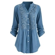 Holiday Savings Clearance 2022! VOBERRY Women Ladies Large Size Button Lace V Neck Long Sleeve Shirt Blous Blue XXXL
