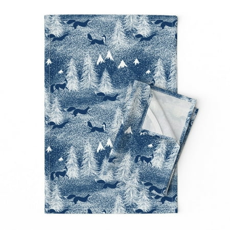 

Printed Tea Towel Linen Cotton Canvas - Winter Foxes Deep Forest Fox Snow Pine Trees Woodland Toile Holiday Mountain Print Decorative Kitchen Towel by Spoonflower