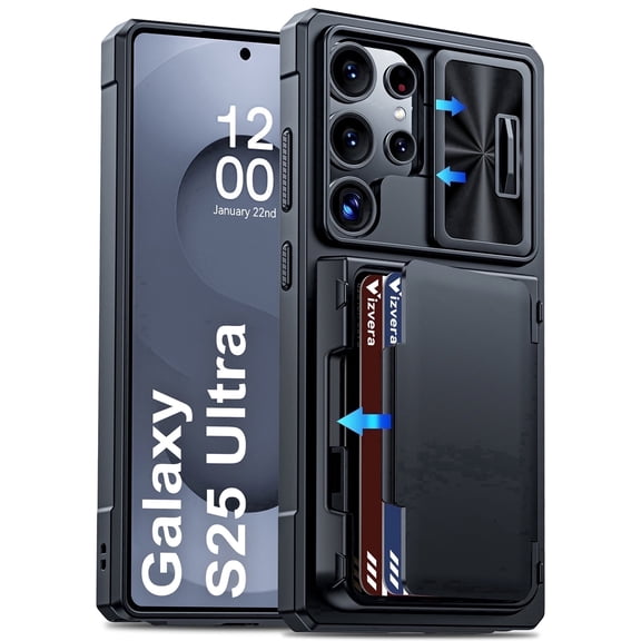 Vizvera for Samsung Galaxy S25 Ultra Wallet RFlD Cards Holder,Camera Control,Camera Cover,Rugged Shockproof Silicone Protective Phone Case-Black