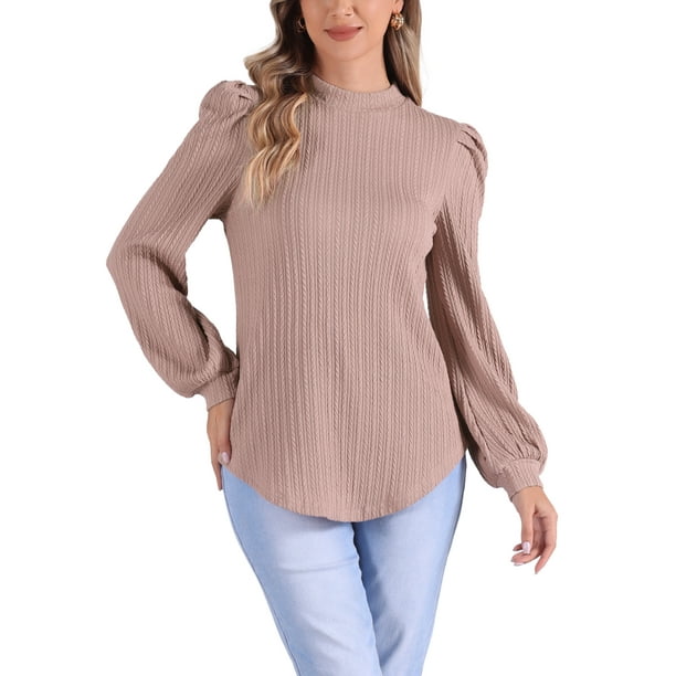 Blusas de manga larga INSPIRE CHIC para mujer, con cuello alto y mangas abullonadas, casual, talla XS, color rosa