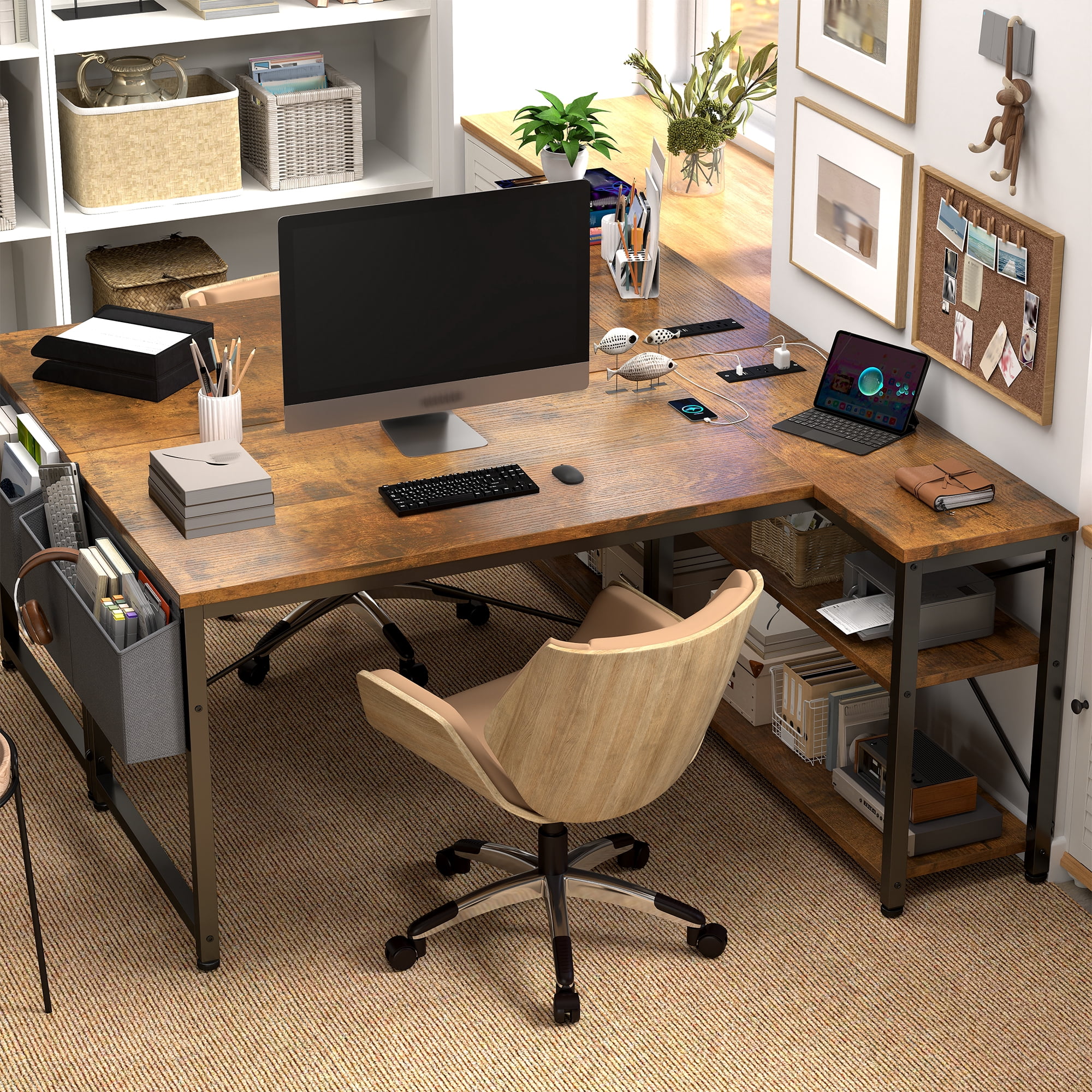 EnHomee L-Shaped Computer Desk with Charging Station, Small Desk with Storage Shelves for Gaming, Writing, Rustic Brown