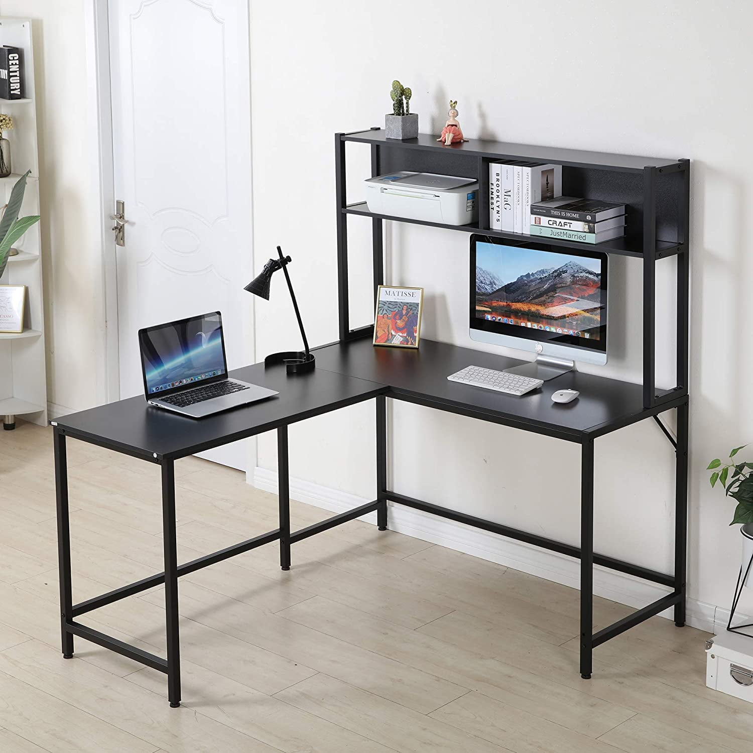 55" L-Shaped Desk Corner Computer Desk Writing Workstation Table w/Hutch Black 