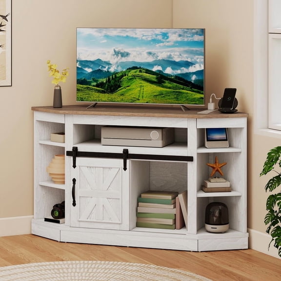 Uforic Farmhouse Corner TV Stand for 50" TV, Entertainment Center with Sliding Barn Door, Gray Wash