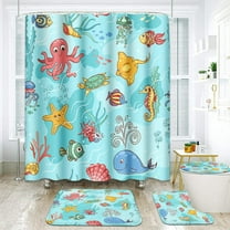 4 Pcs Shower Curtain set Cute Summer Blue Cartoon Fish and Starfish 3 Pieces Shower Curtain with Non-Slip Rugs, Toilet Lid Cover and Kid Bath Mat, Bathroom Sets Decorations 72" x 72"