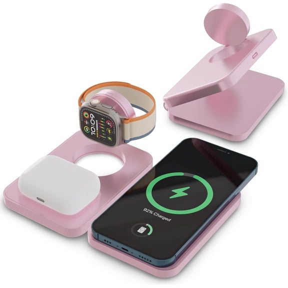 ChargeWorx 3-in-1 Wireless Charger, Foldable Magnetic Charging Station with 15-Watt Fast Charging, Compatible with iPhone, Samsung, and Other Phones, Smartwatches, and Headphones, Pink