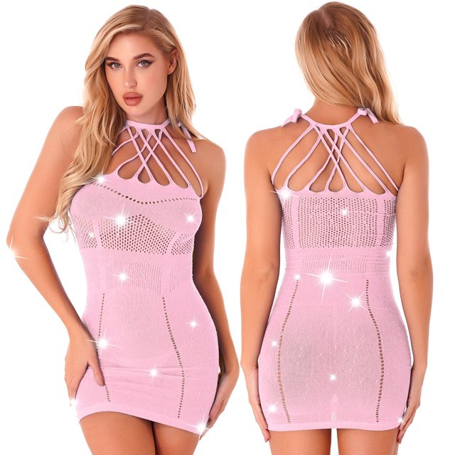 Women Sexy Party Dress Sleeveless Diamonds Rhinestone Dresses Halter Lace-up Strappy See Through Mesh Bodycon Mini DressOne Size Gong Bohan LED