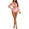 thumbnail image 2 of Bikini de una pieza con escote en V, mangas largas, malla y control de abdomen, color rosa, talla X-Large, 2 of 5