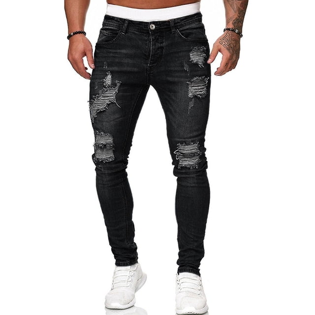Men Ripped Hole Jeans Denim Pants Pockets Button Skinny Long Trousers