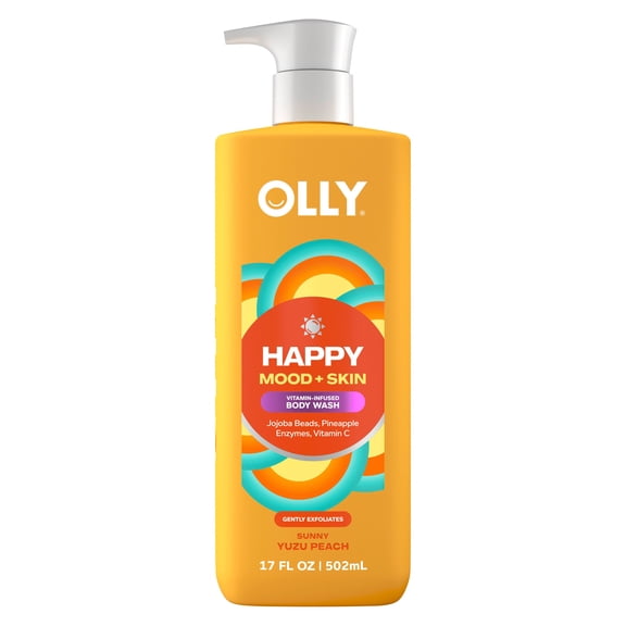 OLLY Exfoliating Body Wash jojoba beads, pineapple enzymes & vitamin C Happy Mood   Skin to exfoliate and reveal softer, glowing skin, 17 fl oz