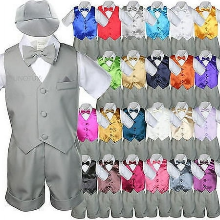 

Baby Boy Toddler Formal Vest Shorts Silver Suit Extra Vest Bow Tie 7pc Set S-4T