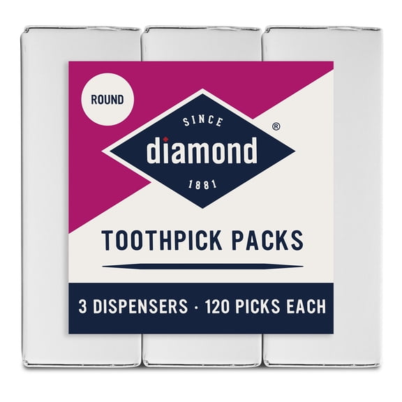 Diamond Toothpick Dispenser Packs, 3 Count, 120 Toothpicks Each Dispenser, Total 360 Wood Toothpicks per Purchase Pack.  Model Number 535376904. Assembled product height 3.1"