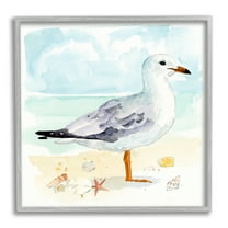 Stupell Industries Seagull & Seashells on Shore Animals & Insects Painting Gray Framed Art Print Wall Art, 17 x 17
